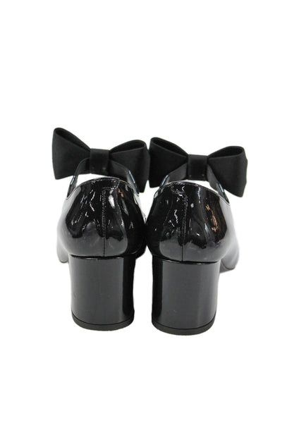 Chanel Womens Block Heel Patent Leather CC Bow Mary Jane Pumps Black Size 37