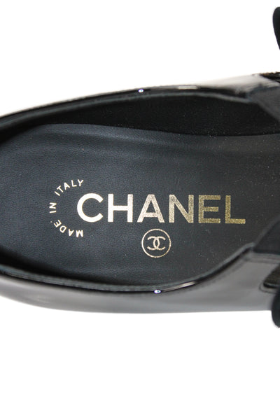 Chanel Womens Block Heel Patent Leather CC Bow Mary Jane Pumps Black Size 37