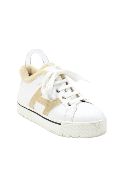 Hermes Womens Lace Up Shearling Lined Leather Dare Sneakers White Brown Size 37