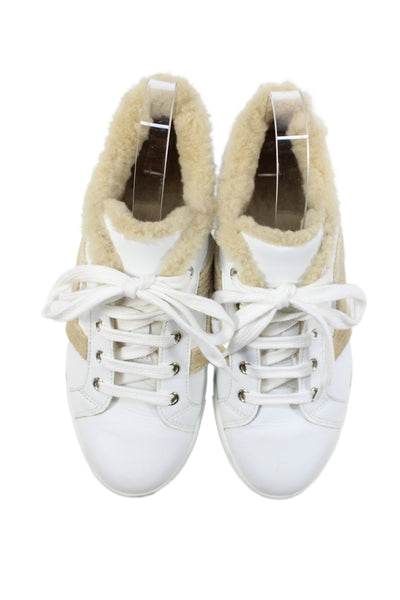 Hermes Womens Lace Up Shearling Lined Leather Dare Sneakers White Brown Size 37