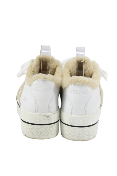 Hermes Womens Lace Up Shearling Lined Leather Dare Sneakers White Brown Size 37