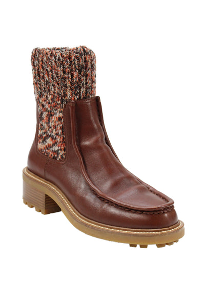 Chloe Womens Slip On Knit Trim Leather Jamie Ankle Boots Brown Size 37