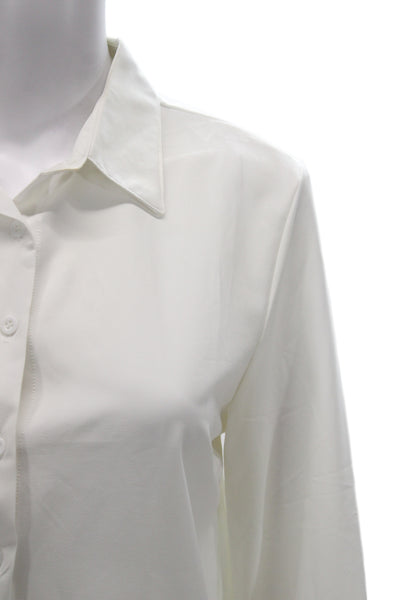 Joniuey Womens Basic Collared Button-Up White Long Sleeve Top Size S