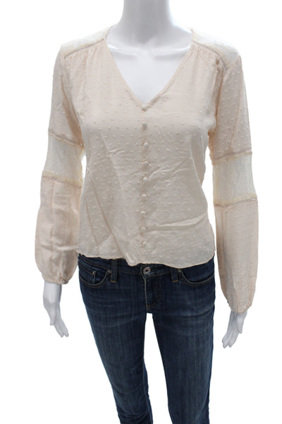 All In Favor Womens Beige Bohemian V-Neck Button Up Blouse Long Sleeve Size S