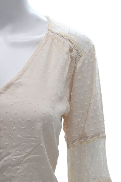 All In Favor Womens Beige Bohemian V-Neck Button Up Blouse Long Sleeve Size S