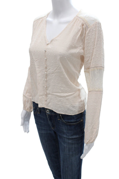 All In Favor Womens Beige Bohemian V-Neck Button Up Blouse Long Sleeve Size S