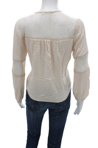 All In Favor Womens Beige Bohemian V-Neck Button Up Blouse Long Sleeve Size S