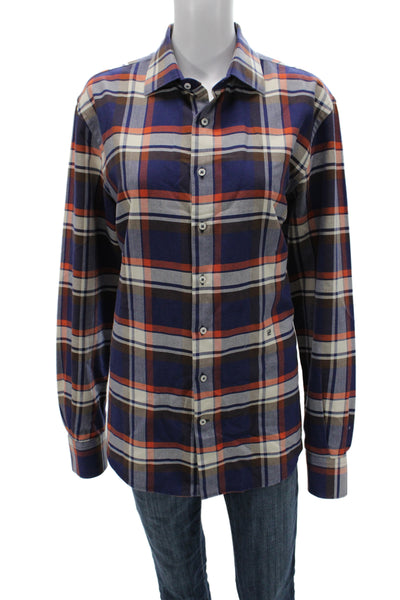 Carolina Herrera Men Plaid Cotton Button-Up Long Sleeve Dark Blue Size M