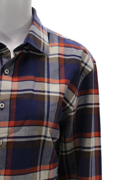 Carolina Herrera Men Plaid Cotton Button-Up Long Sleeve Dark Blue Size M