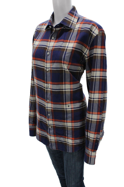 Carolina Herrera Men Plaid Cotton Button-Up Long Sleeve Dark Blue Size M