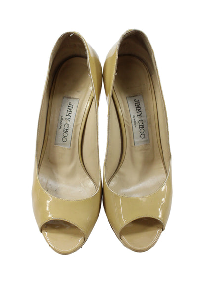 Jimmy Choo Women's Open Toe Patent Leather Stiletto Shoes Beige Size 35.5