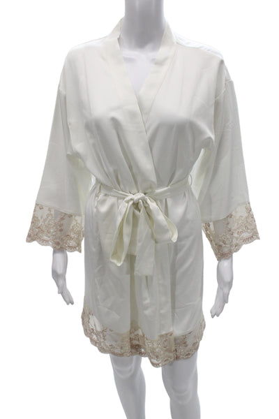 Flora Nikrooz Womens 3/4 Sleeve Lace Trim Wrap Robe White Beige Size Medium