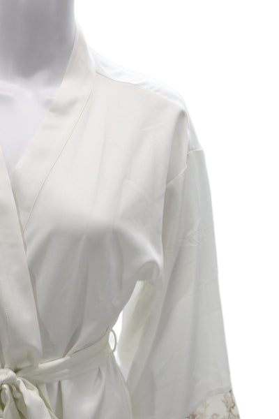 Flora Nikrooz Womens 3/4 Sleeve Lace Trim Wrap Robe White Beige Size Medium