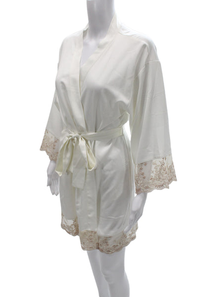Flora Nikrooz Womens 3/4 Sleeve Lace Trim Wrap Robe White Beige Size Medium