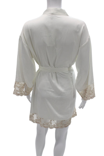 Flora Nikrooz Womens 3/4 Sleeve Lace Trim Wrap Robe White Beige Size Medium