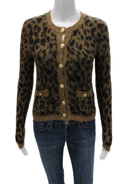 J Crew Women Brown Animal Print Crewneck Button Cardigan Size 2XS