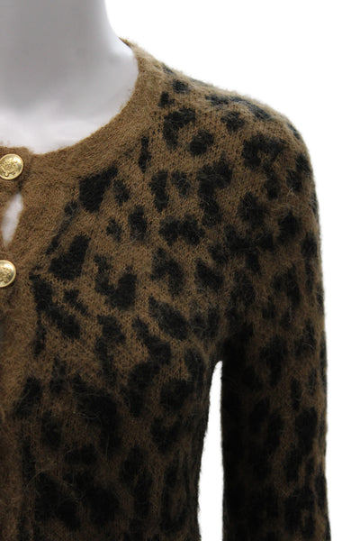 J Crew Women Brown Animal Print Crewneck Button Cardigan Size 2XS