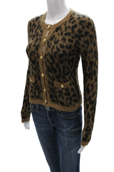 J Crew Women Brown Animal Print Crewneck Button Cardigan Size 2XS