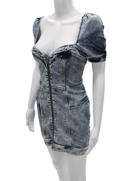 Retrofete Womens Bodycon Mini Dress Dark Blue Button Short Sleeve Size S
