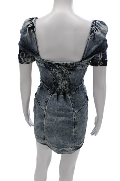 Retrofete Womens Bodycon Mini Dress Dark Blue Button Short Sleeve Size S