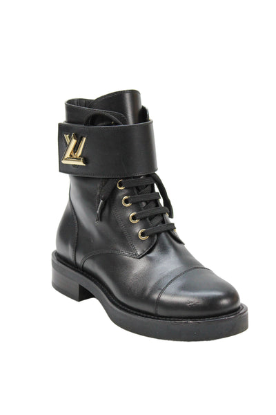 Louis Vuitton Womens Leather LV Embellished Cap Toe Ankle Boots Shoes Black Sz 4