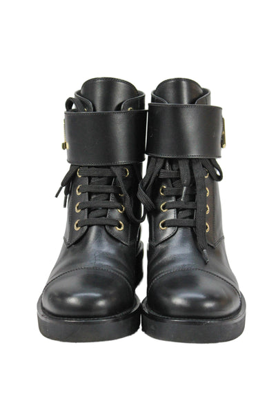 Louis Vuitton Womens Leather LV Embellished Cap Toe Ankle Boots Shoes Black Sz 4
