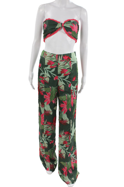 Lovers + Friends  Womens Floral Print Cropped Top Pant Set Green Pink Size Small