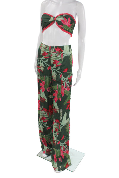 Lovers + Friends  Womens Floral Print Cropped Top Pant Set Green Pink Size Small