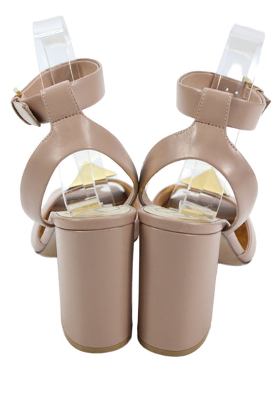 Valentino Womens Block Heel Ankle Strap One Stud Sandals Nude Leather Size 37