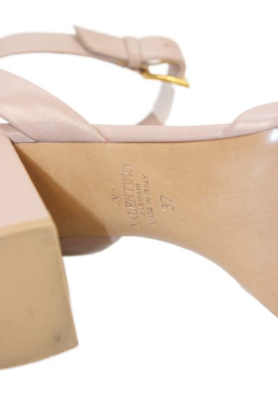 Valentino Womens Block Heel Ankle Strap One Stud Sandals Nude Leather Size 37