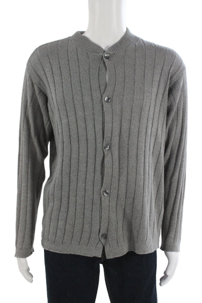 Vestimenta Mens Cardigan Gray Striped Flax Silk Blend Button Mock Neck Size M
