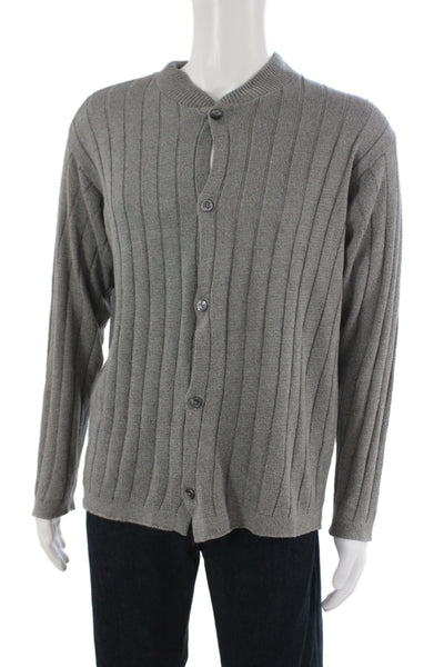 Vestimenta Mens Cardigan Gray Striped Flax Silk Blend Button Mock Neck Size M