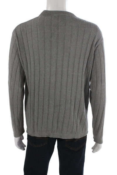 Vestimenta Mens Cardigan Gray Striped Flax Silk Blend Button Mock Neck Size M