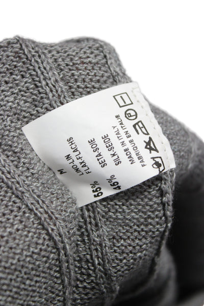 Vestimenta Mens Cardigan Gray Striped Flax Silk Blend Button Mock Neck Size M