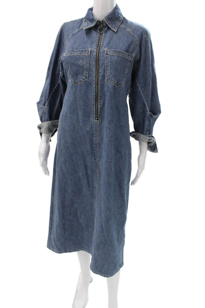 Zara Womens Collared Denim Shirt Dress Dark Blue Long Sleeve Midi Size XS
