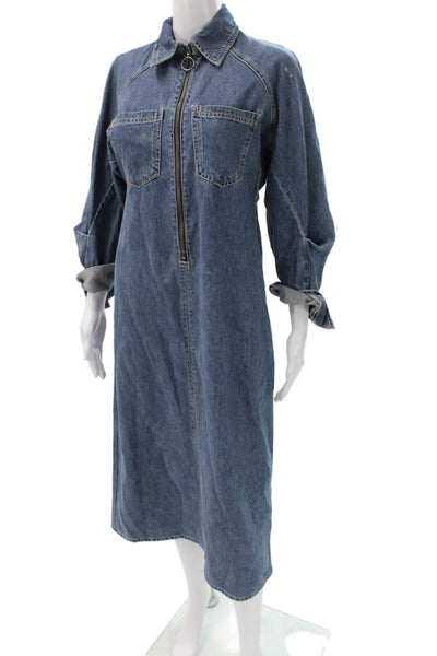 Zara Womens Collared Denim Shirt Dress Dark Blue Long Sleeve Midi Size XS