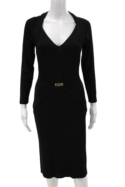 Roberto Cavalli Women Black Bodycon Pencil Dress Long Sleeve V-Neck Size 42