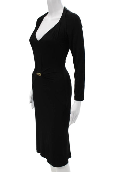 Roberto Cavalli Women Black Bodycon Pencil Dress Long Sleeve V-Neck Size 42