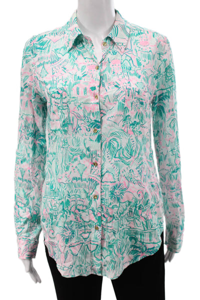 Lilly Pulitzer Women Green Rayon Collared Button Up Animal Print Blouse Size XS