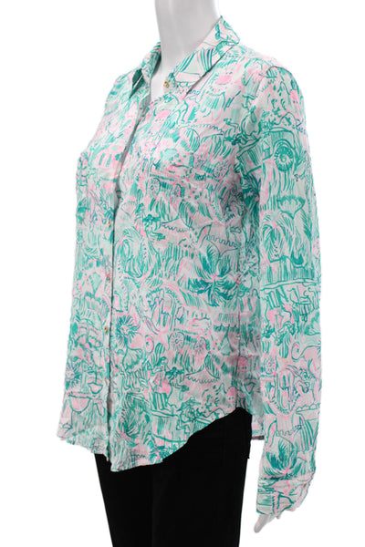 Lilly Pulitzer Women Green Rayon Collared Button Up Animal Print Blouse Size XS
