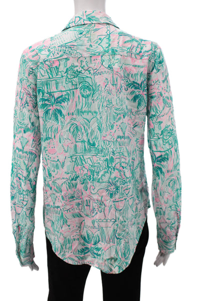 Lilly Pulitzer Women Green Rayon Collared Button Up Animal Print Blouse Size XS
