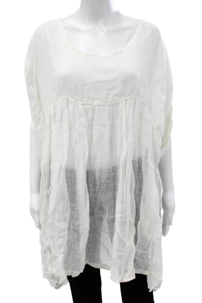 Sunday Women Tunic Blouse White Round Neck Short Sleeve Drawstring Size S