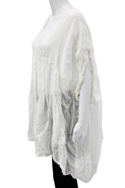 Sunday Women Tunic Blouse White Round Neck Short Sleeve Drawstring Size S