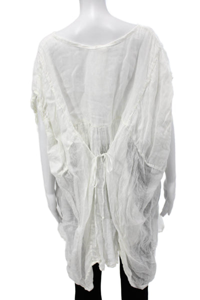 Sunday Women Tunic Blouse White Round Neck Short Sleeve Drawstring Size S