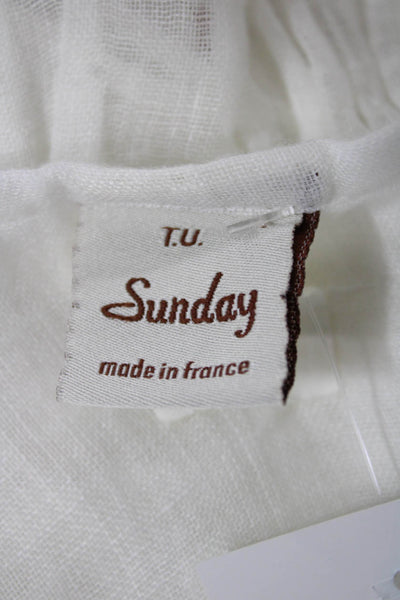 Sunday Women Tunic Blouse White Round Neck Short Sleeve Drawstring Size S