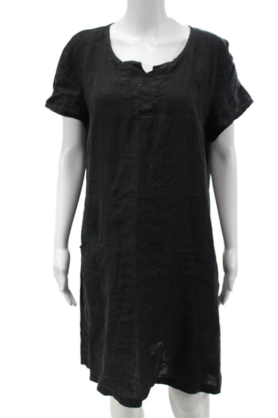 Flax Women Shift T-Shirt Dress Black 100% Linen Short Sleeve Size S