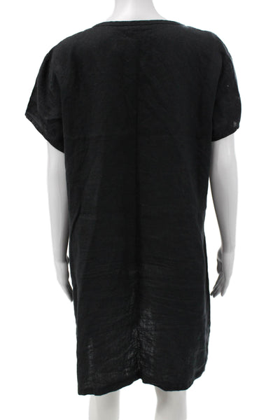 Flax Women Shift T-Shirt Dress Black 100% Linen Short Sleeve Size S