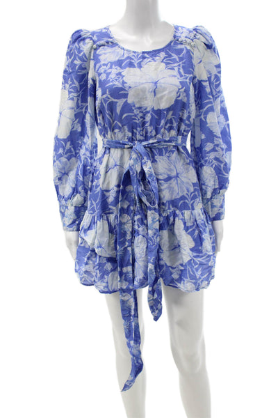 Love Shack Fancy Womens Blouson Mini Dress Blue Floral Long Sleeve Size 2