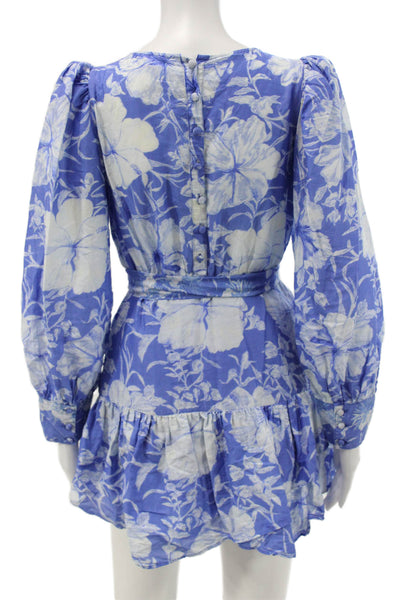 Love Shack Fancy Womens Blouson Mini Dress Blue Floral Long Sleeve Size 2