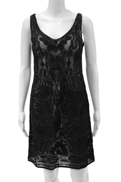 Elie Tahari Women Sheath Tank Dress Black Silk V-Neck Geometric Size S